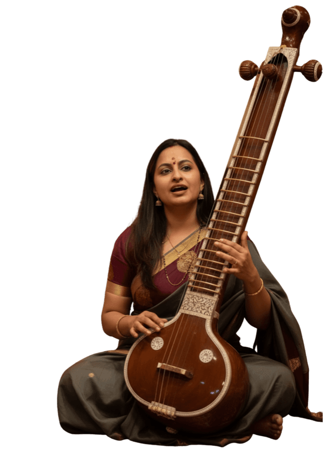 Rubal Sharma, founder of Brahma Muhurat Club, with a veena